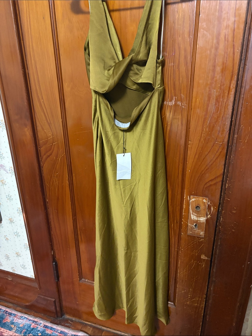 NWT!! Zara Olive-Gold Satin V-Neck Maxi Dress - Picture 8 of 8